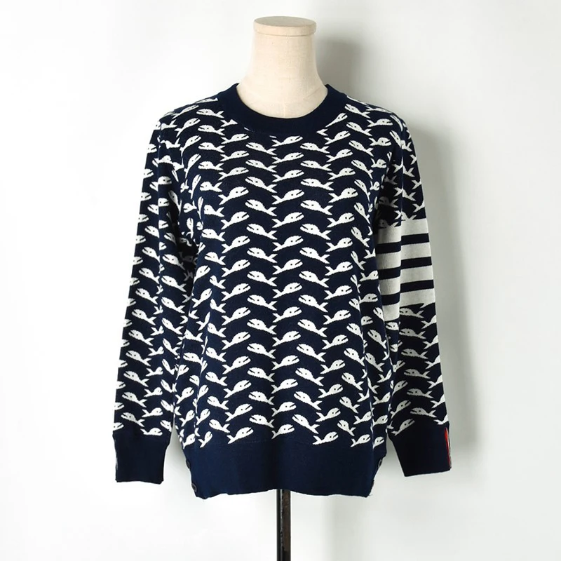

New Women Knitted Sweater Constrating Color Whale Pattern Knitwear Hem Button Outerwear Long Sleeve Pullover Jumper Tops O-Neck