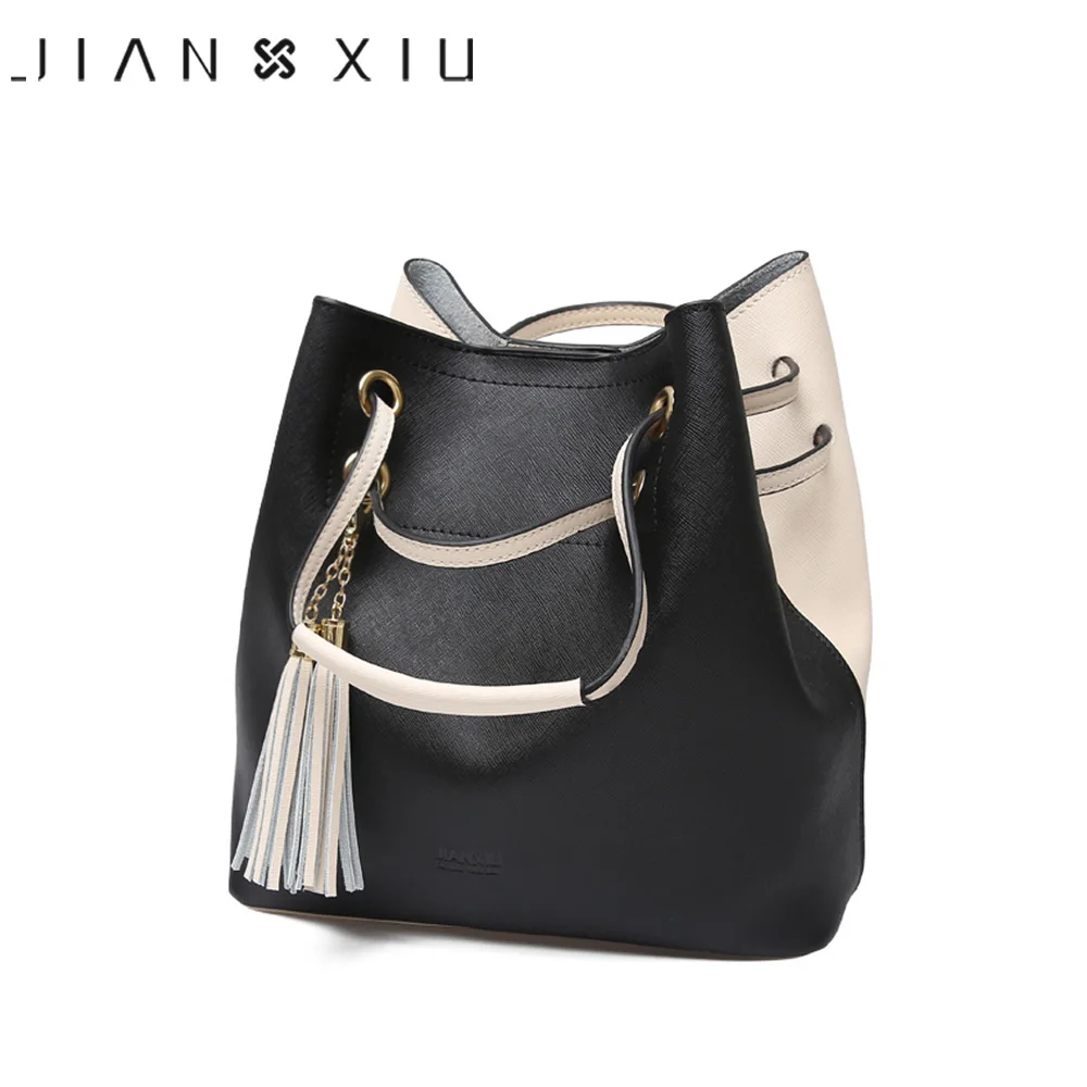 JIANXIU Brand Genuine Leather Shoulder Bags Spell Color Detachable Liner Bucket Bag Tassel Luxury Handbag Women Bags Designer