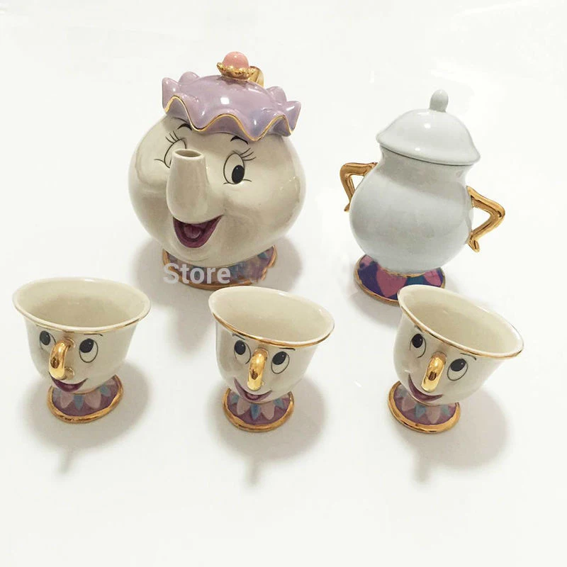 

Cartoon Beauty And The Beast Teapot Mug Mrs Potts Chip Tea Pot Cup Set Cogsworth Porcelain Gift 18K Gold-plated Painted Enamel