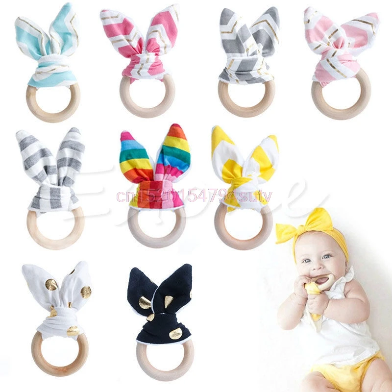 

Baby Teething Ring Chewie Teether Safety Wooden Natural Bunny Sensory Toy Gift #h055#