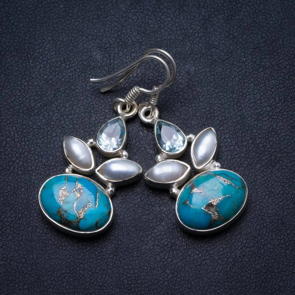 

Natural Turquoise,Blue Topaz River Pearl Handmade Unique 925 Sterling Silver Earrings 1.5" X3374