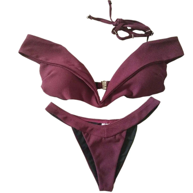 Sexy Off Shoulder Beach Bathing Suit Swimwear Women Bikini Set Push Up Brazilian Thong Bottom Red Bikinis Swimsuits (3)