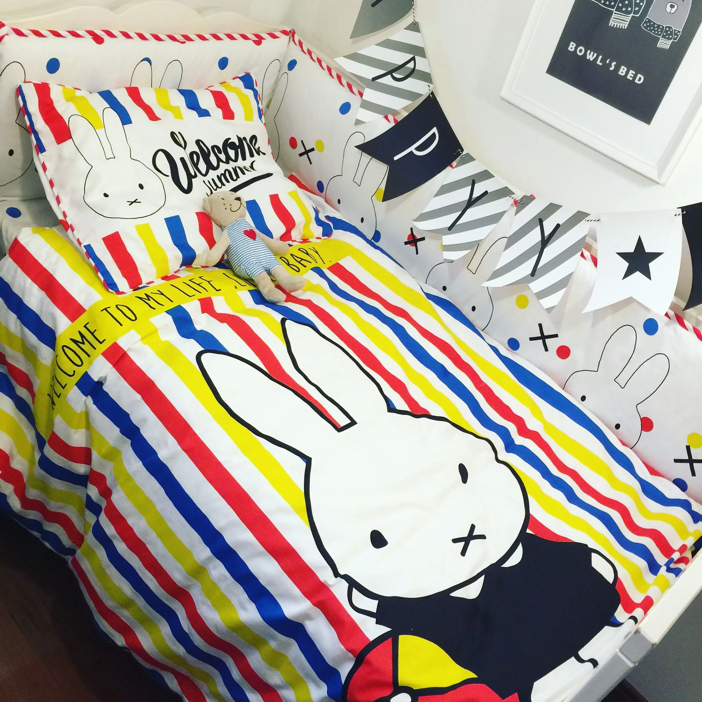 

Nordic Baby Bed Set 100% Cotton Color Cartoon Rabbit Baby Bumper Bed Around Quilt Cover Bed Sheet Pillow Case Baby Bedding