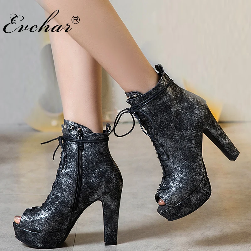 

EVCHAR new fashion Summer Shoes Women Ankle Boots super High Heels platform Sexy Peep Toe Lace Up Ankle Boots big size 34-50