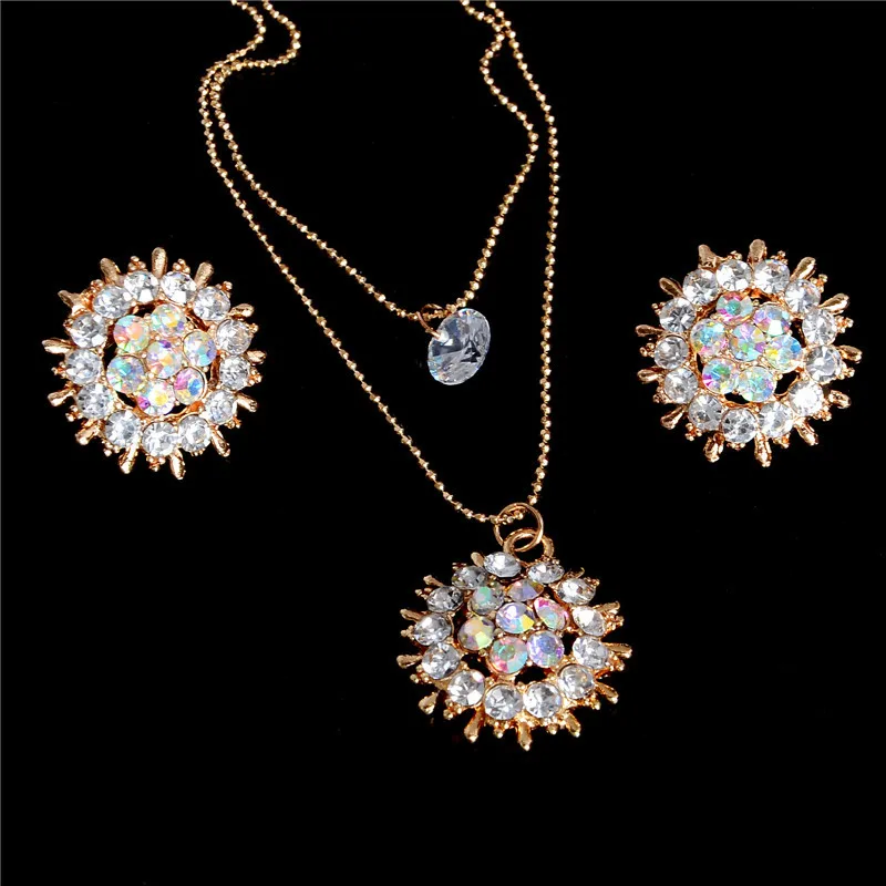 

Exquisite Full CZ Crystal Pendants Necklace Earrings Sets 2 Layer Gold Color Jewelry Sets with Stud Earrings
