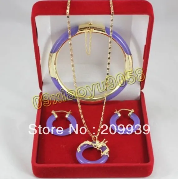 

huij 001928 Wonderful Purple Jade Dragon Pendants Necklace Earring Bracelet Set
