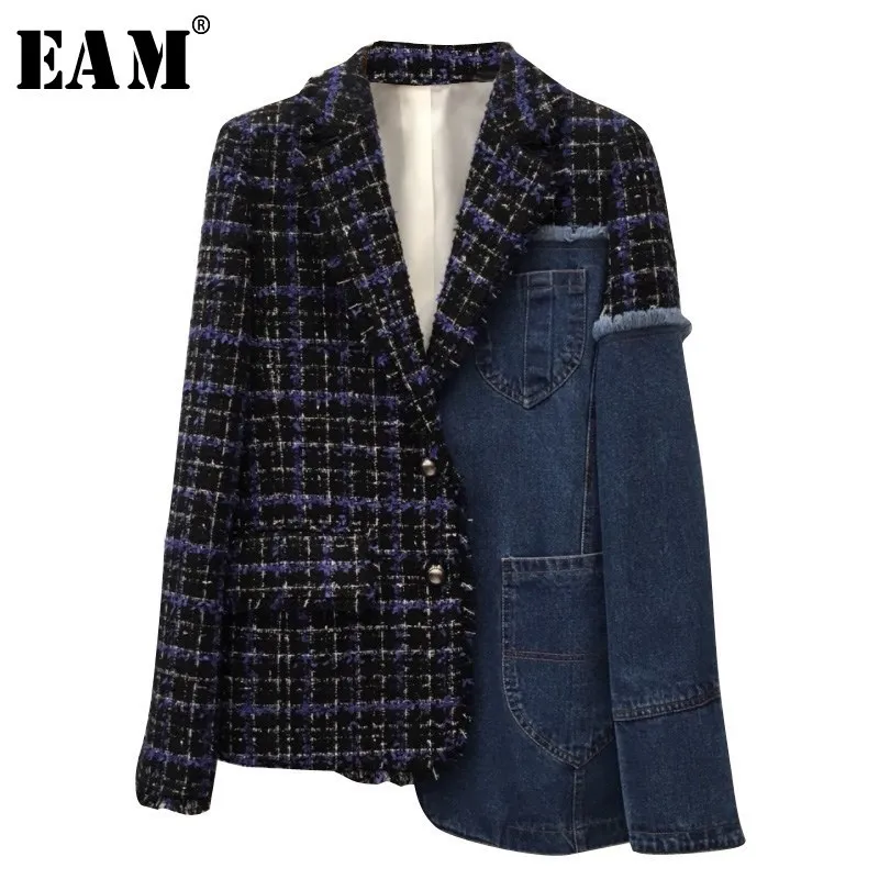 

[EAM] 2019 New Spring Lapel Long Sleeve Blue Denim Plaid Stitch Irregular Loose Jacket Women Coat Fashion Tide JI747