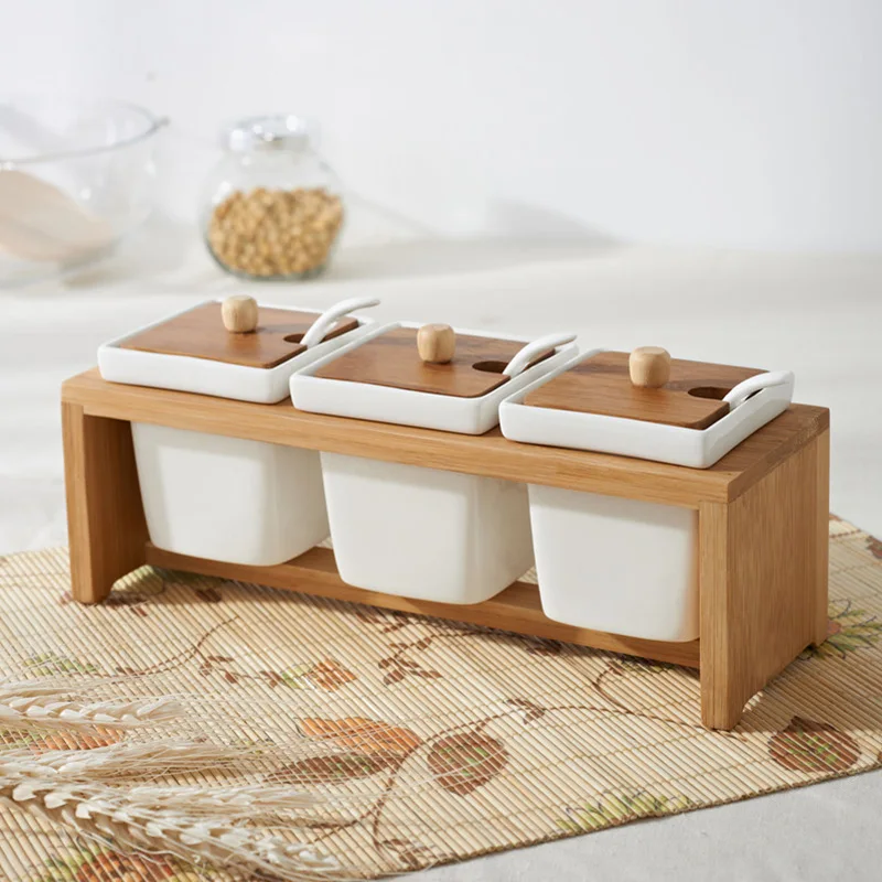 Ceramic Salt Canister Jar Set with Wooden shelf,Wooden Lids and 3