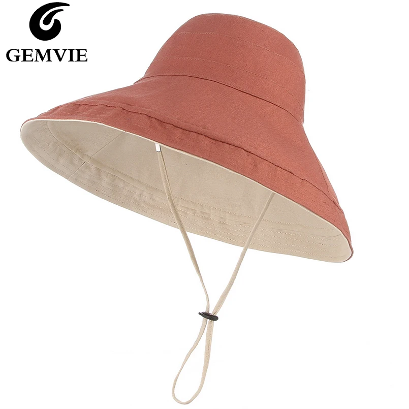 

GEMVIE Reversible Floppy Wide Brim Solid Bucket Hat Women Boonie Hat Chin Strap Summer Hats Cotton Anti-UV UPF 50+ Beach Sun Hat