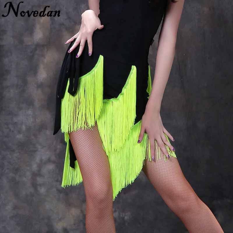 Новая Мода Черная Женская юбка для латинских танцев Одежда для танцев бахрома для сальсы юбка для танго 4 цвета - Цвет: Style 2 Red Green
