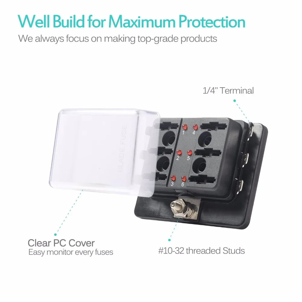 LED Illuminated Automotive Blade Fuse Holder Box 6-Circuit Fuse Block with Cover34