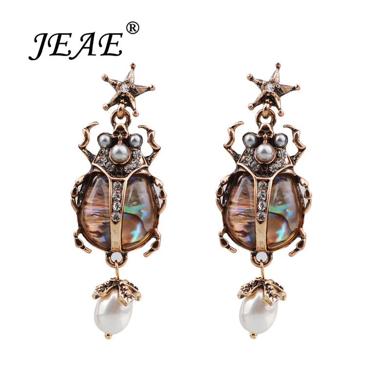 

Retro Rhinestone Shell Animal Insect Beetle Long Earrings For Women Antique Gold Pearl Star Earings Statement Jewelry Valentines