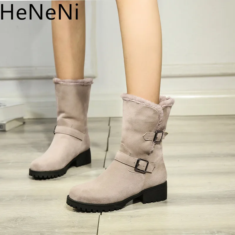 

2018 New Hot Women Boots Autumn Winter Flock Ladies Fashion Snow Boots Shoes Warm plush Suede Mid-Calf Boots Plus size 32-44