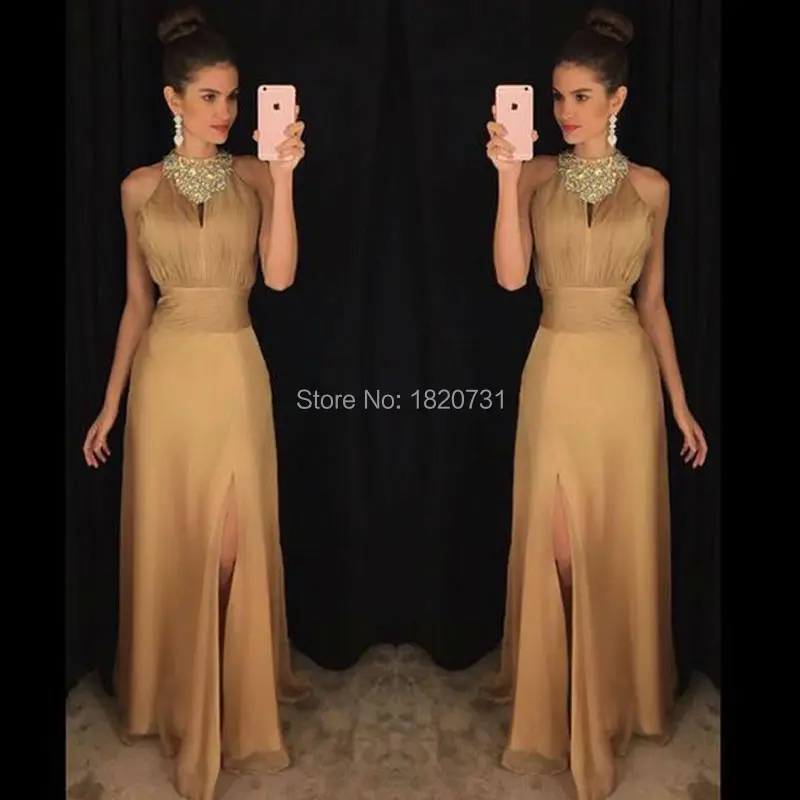 

Sexy Chiffon Long Gold Evening Dresses Sexy Slit Sleeveless High Neck A Line Party Prom Gown Formal Dress