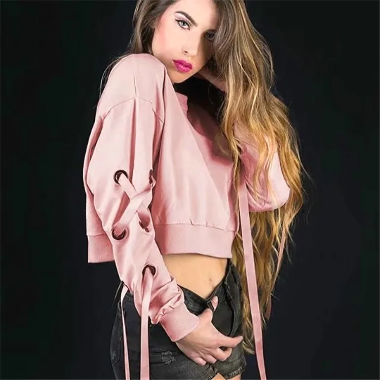 lace up long sleeve pink pullover hoodies sweatshirt Crew neck Sweats Women Clothing girl Loose Short Fleece Jumper midriff | Женская