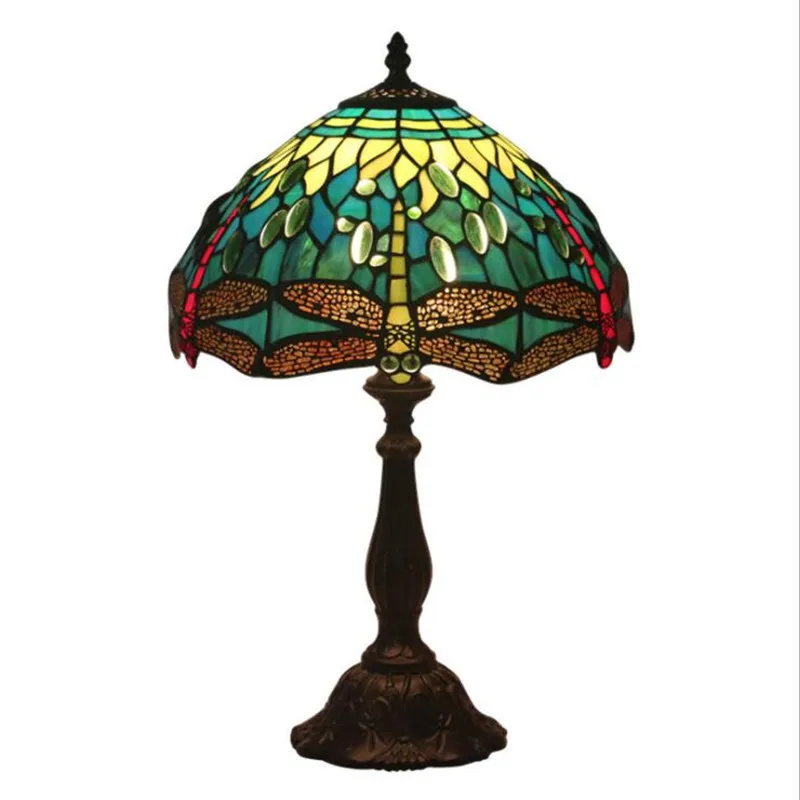 

12" Vintage European Tiffany Green Dragonfly Glass Table Lamp for Foyer Bed Room Bar Apartment Glass Reading Light H 49cm 1047