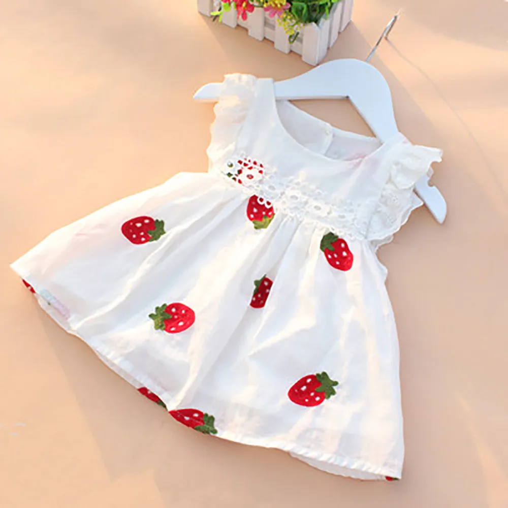 

Summer Baby Girls Dresses Floral Strawberry Embroidery Sleeveless Kids Clothing Cotton Print Floral Lace Infant Girl Dresses