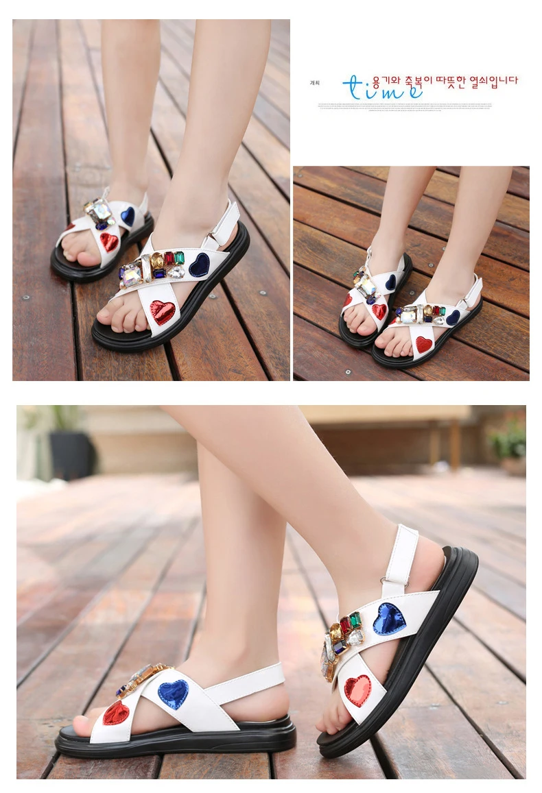 Summer quality girls sandals kids beach shoes children sandals baby shoes faux crystal love patch patent leather 3 to 14 yrs