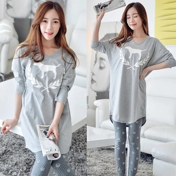 

2017 Spring Autumn 100% Cotton Women Pajamas Sets of Sleepcoat & Trousers Lady Cartoon Sleepwear Female Home Clothing