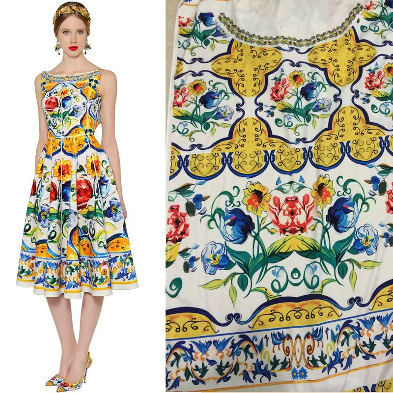 

165X145cm Fashion Week Located China Ceramics Painting Majolica Prints Imitate Silk Satin Fabric for Woman Long Dresses