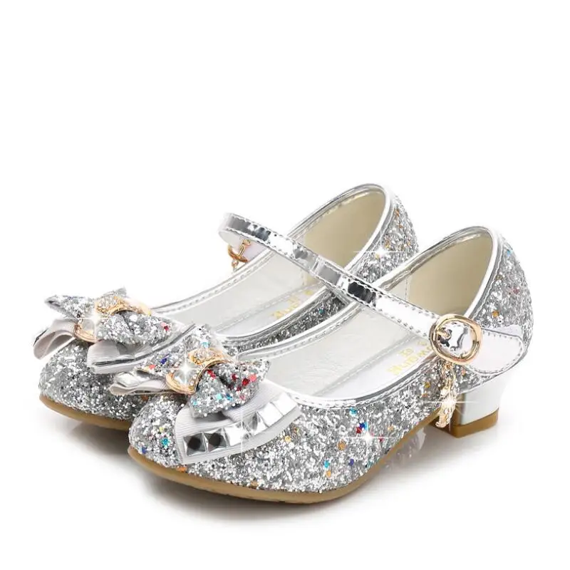 SKHEK/сандалии для девочек; детская обувь для девочек; модельные туфли; блестящие летние вечерние туфли принцессы на высоком каблуке; свадебные сандалии; детская обувь - Цвет: Серебристый