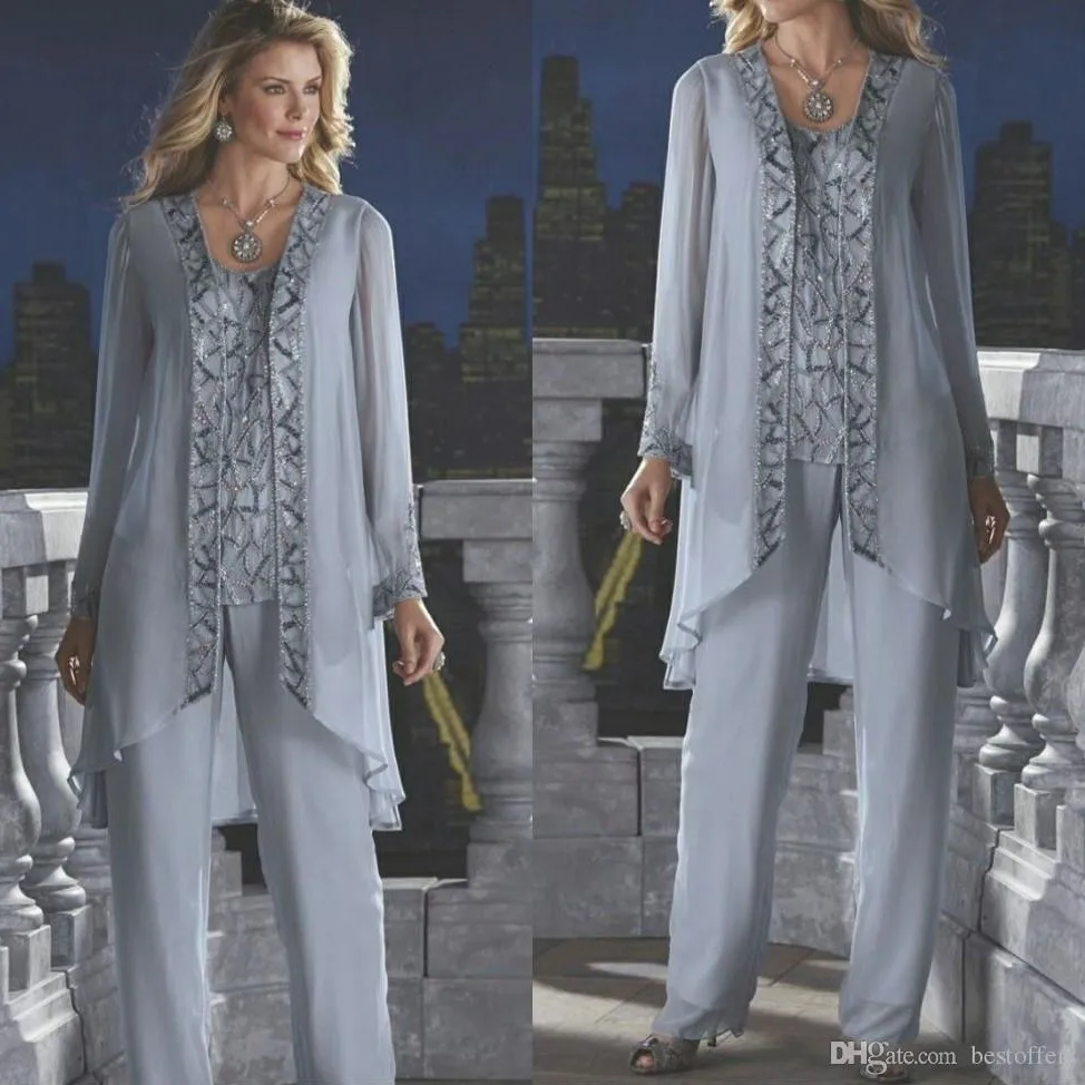 Moeder Van De Bruid Jurken 3 Stuks Broek Pak Chiffon V-hals Lange Mouw Bruiloft Gast Gown Custom Made Moeder Van De Bruid Jurken 3 Stuks Broek Pak Chiffon V-hals Lange Mouw Bruiloft Gast Gown Custom Made