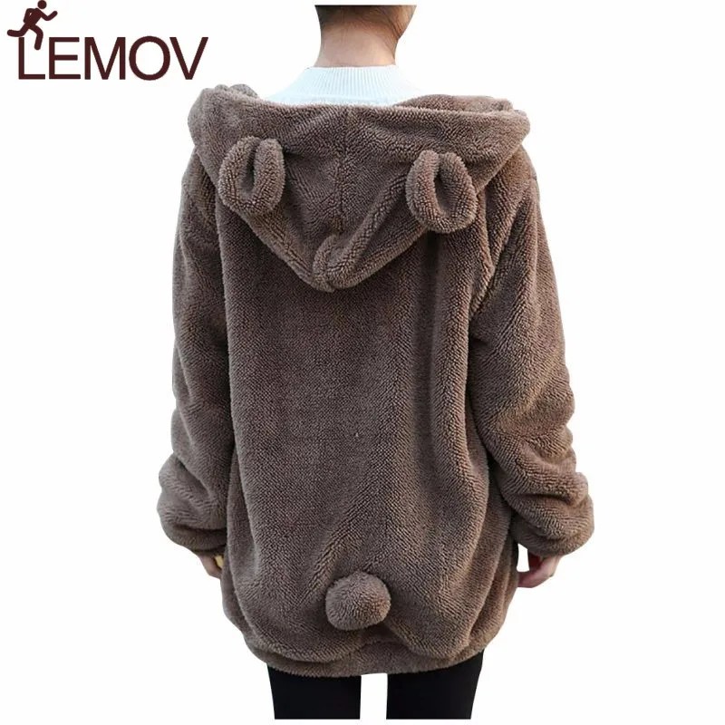 

Women Hoodies Zipper Girl Winter Loose Fluffy Bear Ear Hoodie Hooded Jacket Warm Outerwear Coat Cute Sweatshirt Zip-up
