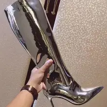 Модные дизайнерские зеркальные ботинки с острым носком; Серебристые высокие сапоги до колена; без застежки; Botas Rihanna; стильная обувь