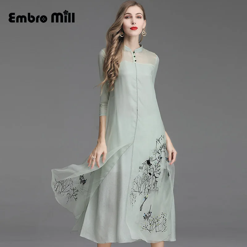 

The New Spring and summer Chinese style Improvement Silk embroidery landscape Retro Slim stylish dress for women M-XL