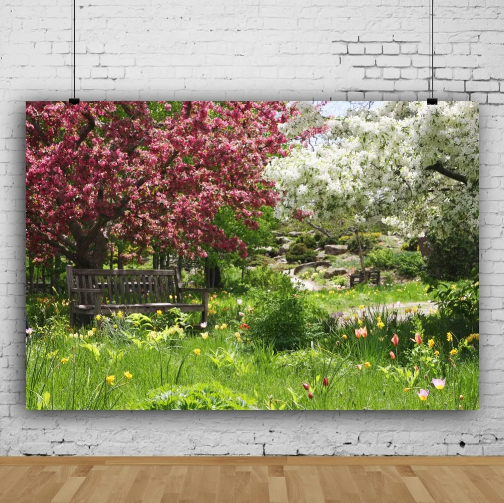 Laeacco фотофоны цветение Вишневое дерево зеленая трава парковый, садовый скамейка живописные фотографии фоны фотосессия Фотостудия