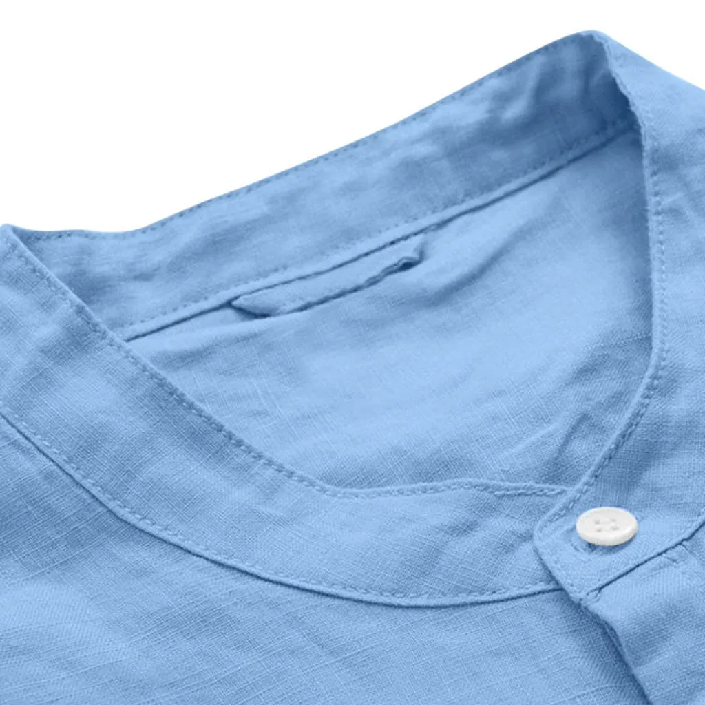 Feitong мужские мешковатые хлопковые льняные однотонные рубашки с рукавом три четверти и карманом стоячим воротником
