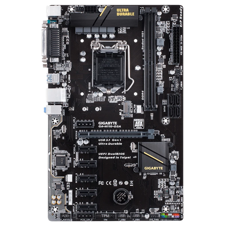 For Gigabyte GA-H110-D3A 6GPU 6PICE BTC PRO original Used Desktop motherboard H110-D3A H110 LGA 1151 support 2*DDR4 1*M.2 ATX-1