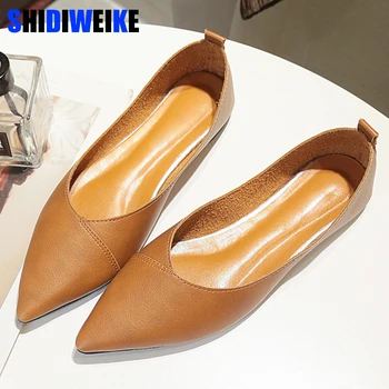 

Spring Black Soft Leather Shoes Women Larger Sizes 40 Ballet Flats Pointed Toe Shallow Mouth Slip-On Ladies Loafer N600