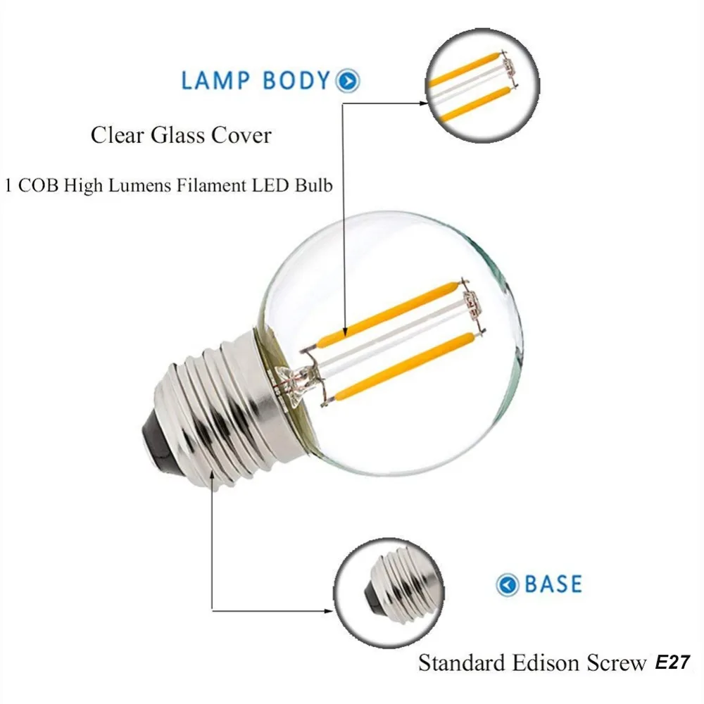 12V- 24V DC AC 1W E27 LED COB Filament Light Bulb G40 Warm White 2700K LED Lamp Low Voltage Retro Edison 12V Bulbs Replace 10W