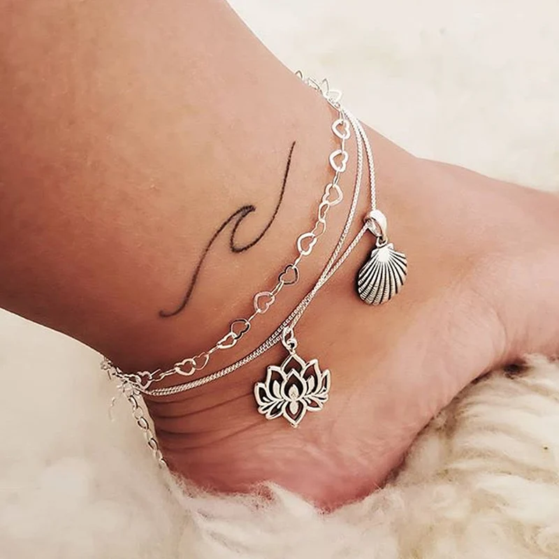 

2Pcs/Set Bohemian Alloy Lotus Shell Pendant Multi-layer Chain Anklet Set For Women Vintage Heart Chian Anklet New Beach Jewelry