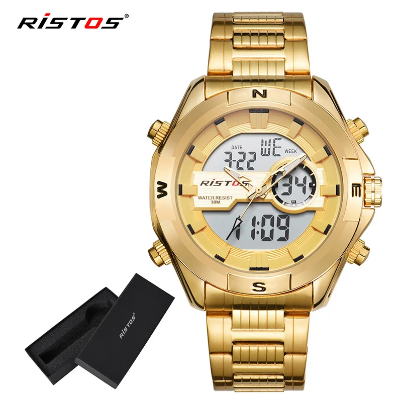 RISTOS мужские модные часы Relojes Masculino Hombre многофункциональные мужские спортивные часы с хронографом цифровые аналоговые наручные часы Топ 9369 - Цвет: Gold Box