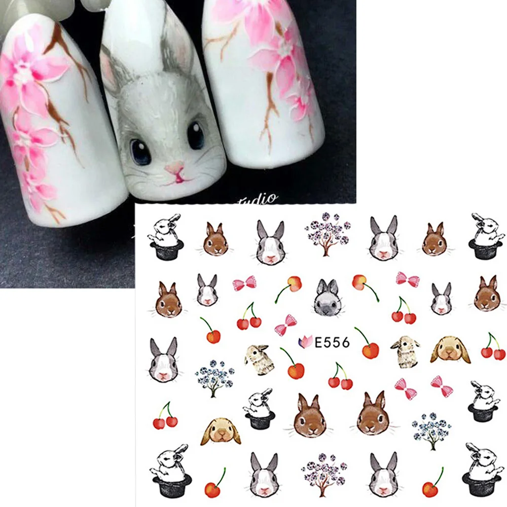 

1 Sheet Rabbit Cherry Pattern 3d Adhesive Nail Art Stickers Super Thin Nail Tips Decals Cute Decorations DIY Nail Wraps BEE556