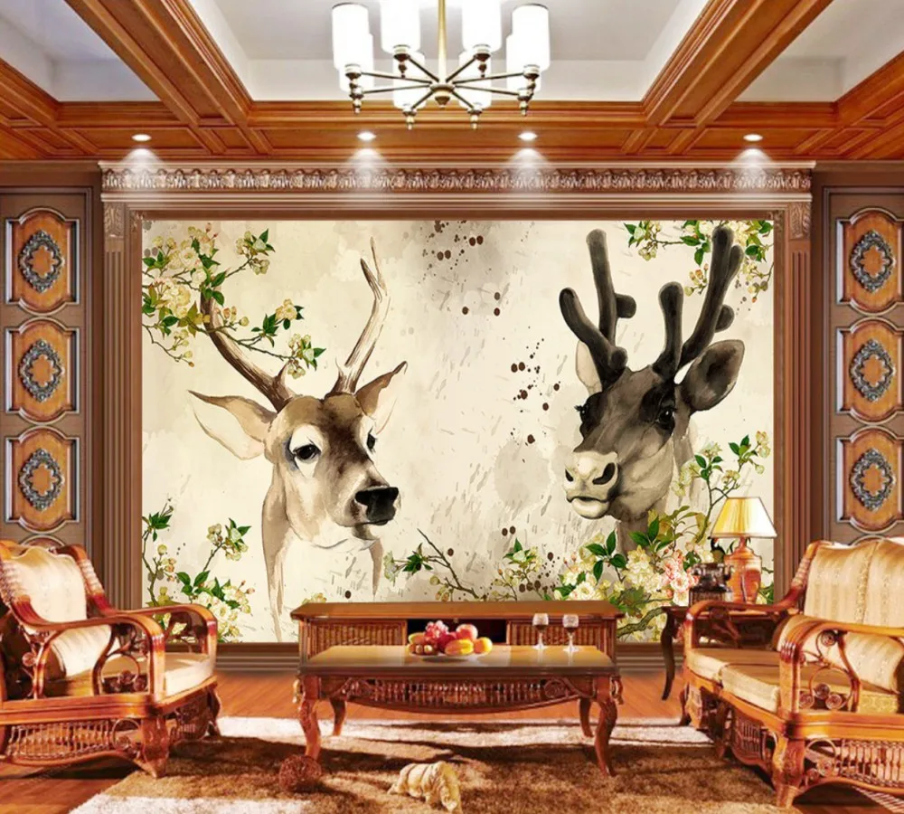 

Free ShippingCustom 3D Hand-Painted Retro European Elk Living Room TV Wall Decoration Mural Animal Living Room Wallpaper