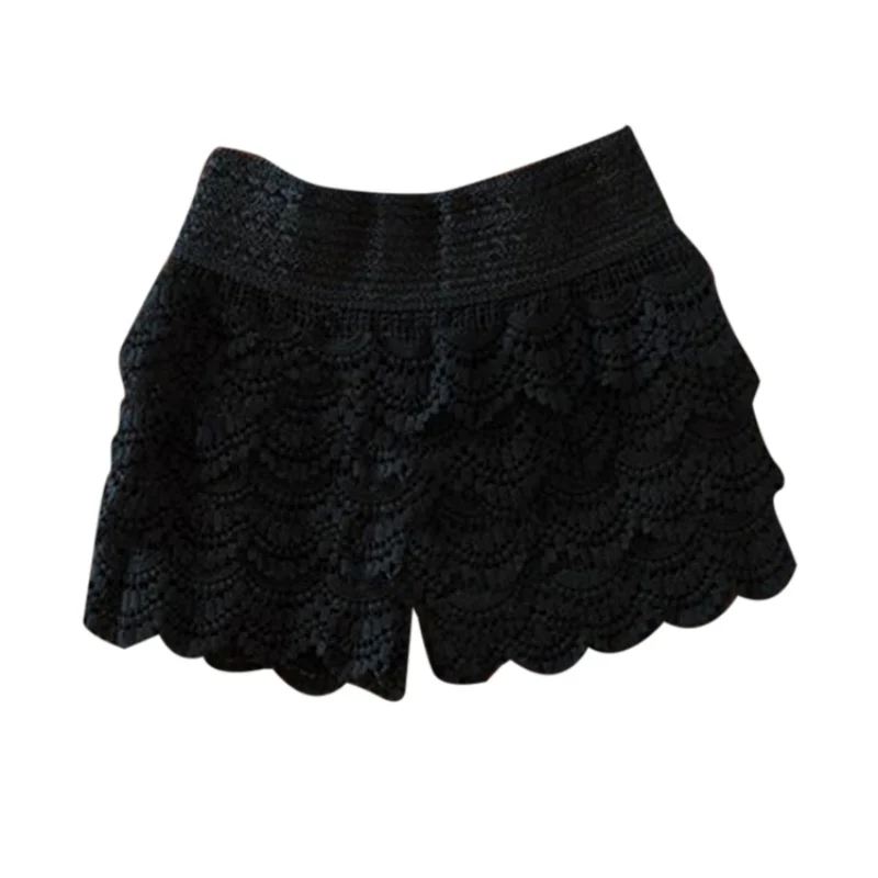 Размера плюс новые летние модные женские шорты Сладкий стиль кружева крючком эластичный пояс тонкие короткие штаны - Цвет: Черный