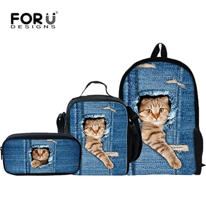 

FORUDESIGNS 3 Pcs/Set Cute Cat Backpack Animal Denim Backpacks for Children Casual Kids School Bag Boys Girls Travel Backpack