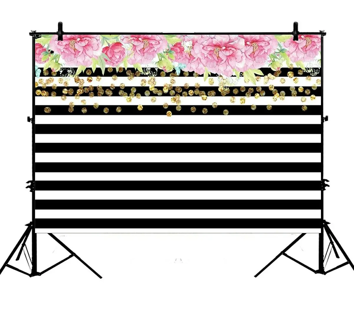 

5x7ft Black White Horizontal Stripes Flowers Pink Gold Dots Polyester Photo Background Portrait Backdrop