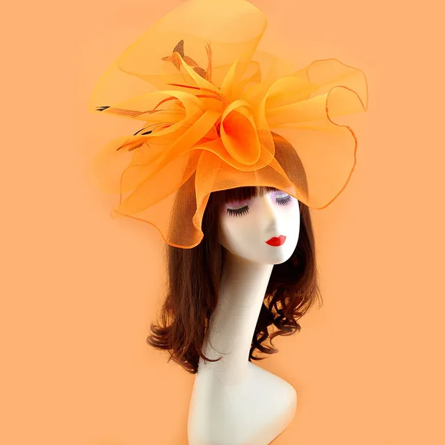 Vintage Bridal Flower Feather Hats Elegant Wedding Accessories Bride Net Hats White Fascinator Hats Women's Formal Occasion Orange