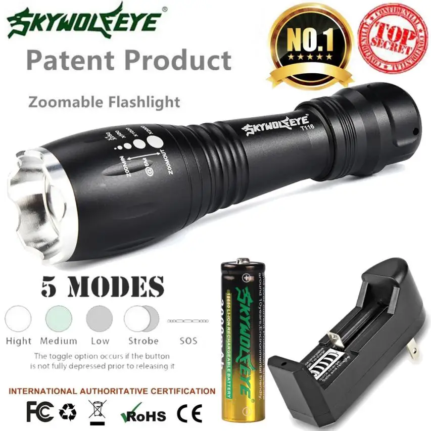 Tactical Zoomable 5 Mode XMLT6 LED Flashlight Militar Torch Light+18650