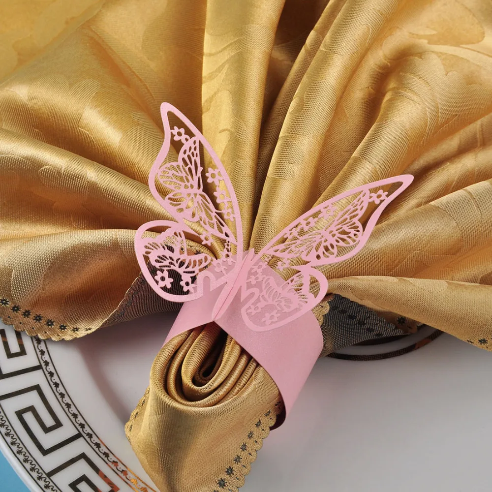 50pcs/lot Pink Butterfly Design Table Paper Napkin Rings For Wedding