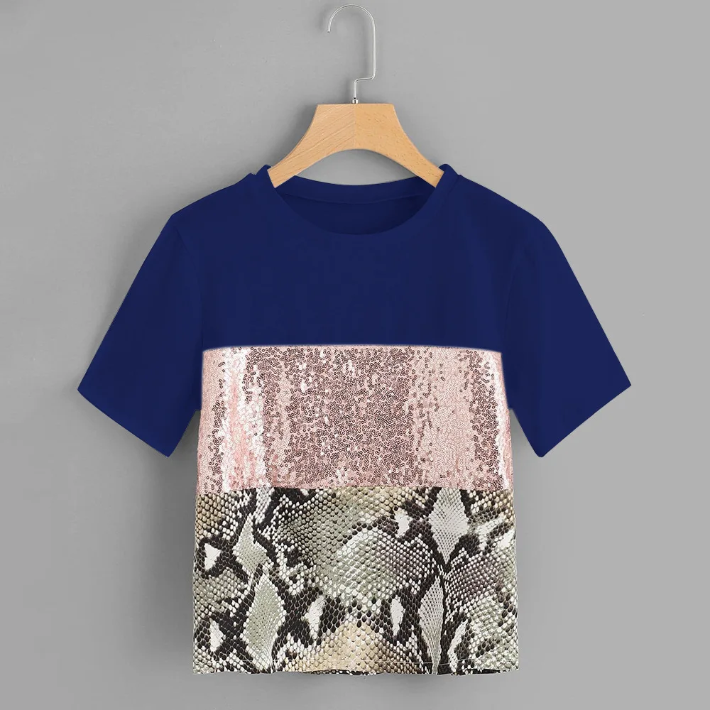 Футболка женская camiseta mujer животных печати большие размеры Pacthwork змея блесток femme