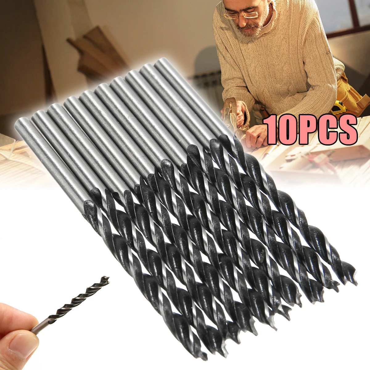 10pcs 3 Flutes Center Drill Bit 75mm Length Woodworking Tool 4mm Diam Twist Drill Bits for Drilling Wood