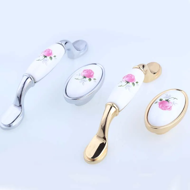16mm 96mm Modern Fashion rural pink rose ceramic furniture handles knobs silver gold kitchen cabinet dresser