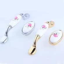 16mm 96mm Modern Fashion rural pink rose ceramic furniture handles knobs silver gold kitchen cabinet dresser