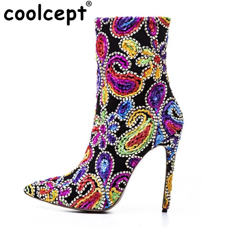 

Coolcept Size 33-43 Women High Heel Boots Women Beading Half Mid Calf Short Boots Women Autumn Colorful Shoes Woman Footwear