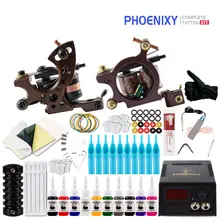 Полный комплект татуировки 2 пушки машины 10 чернил наборы Светодиодный источник питания одноразовые иглы педаль советы татуировка поставляет татуировку набор